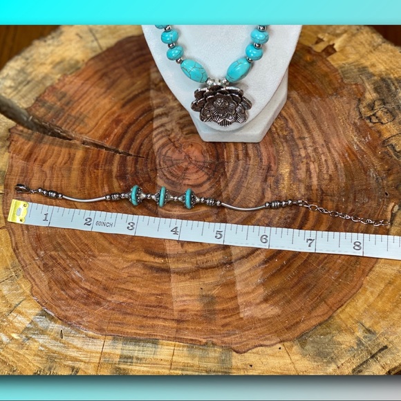 Boho Southwest Sterling Silver and Faux Turquoise Necklace and Bracelet Set - Picture 3 of 5